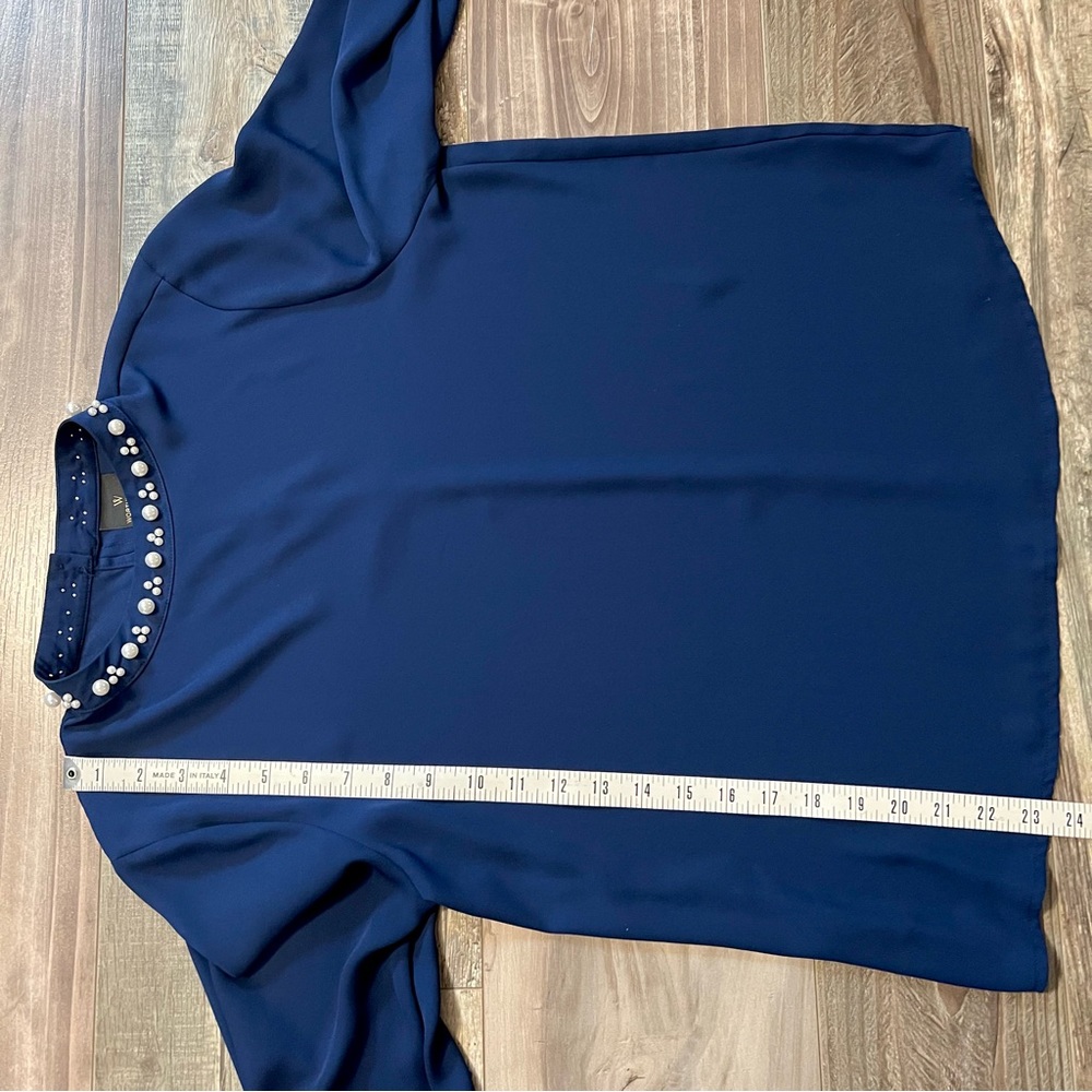 Worthington Embellished Beaded Blouse Sz S Navy Blue Mock Neck Bishop Sleeves - Picture 11 of 14